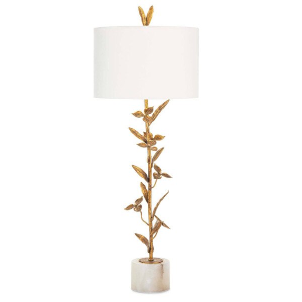 Antique brushed gold buffet lamp with a white shade